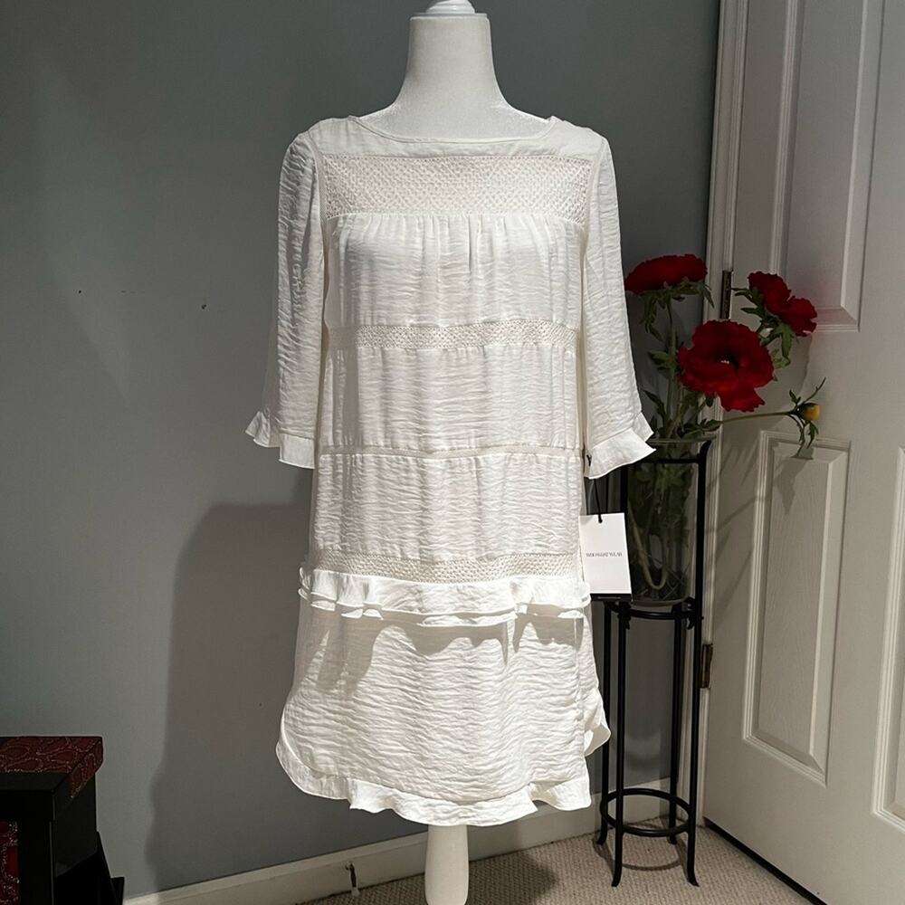 NEW WhoWhatWear Ruffle + Lace Gauzy Mixed Media 3/4 Sleeve Boho Dress White NWT